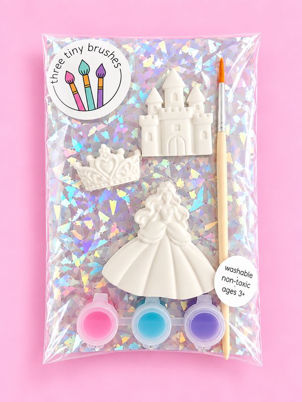 Princess & Castle party pack: a paintable princess, castle and crown with three paint pots and a brush